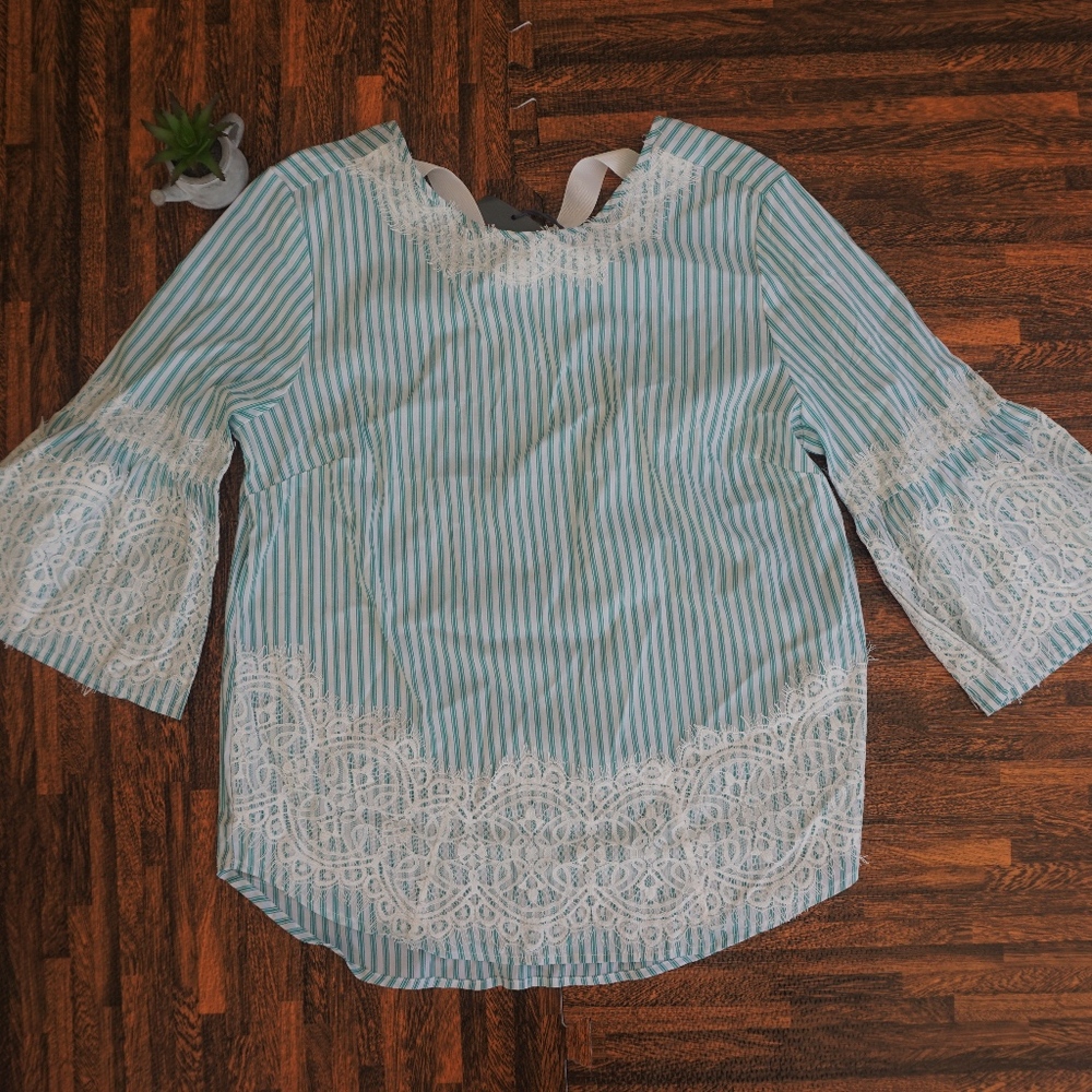 Grand and Greene Striped Lace Belle Sleeve Blouse